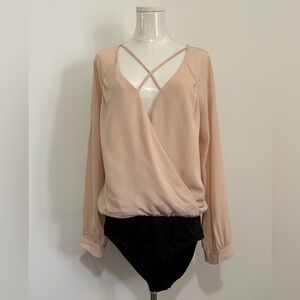 FOREIGN EXCHANGE Blush Pink Surplice Long-Sleeve Bodysuit w/Crisscross Neckline